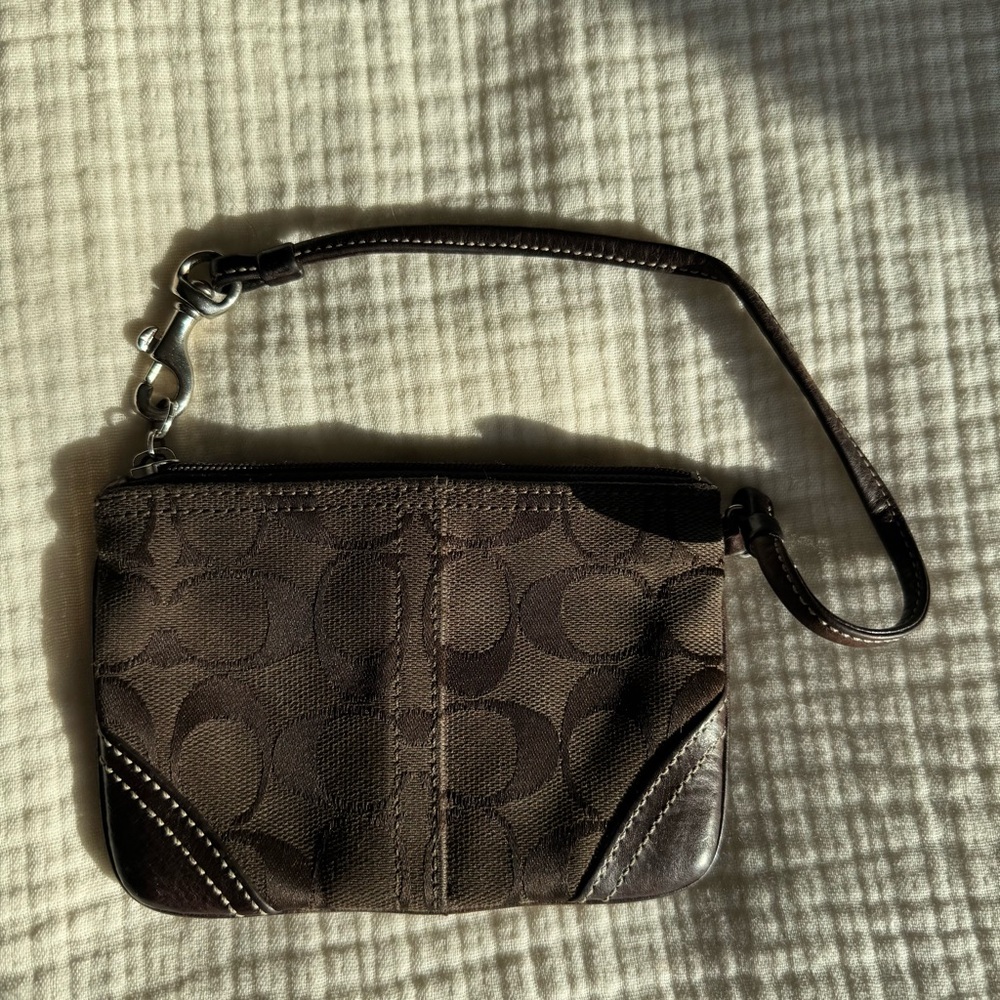 Coach Dark Brown Signature Canvas Wristlet with Leather Trim